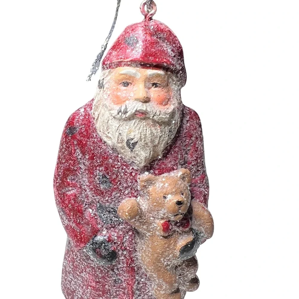 Santa Claus Ornament Figurine Holding Teddy Bear‎ Snow Christmas Holiday Decor